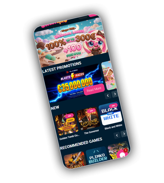 Sweetsino Casino Lobby mit ausgewählten Slots und Willkommensbonus-Banner