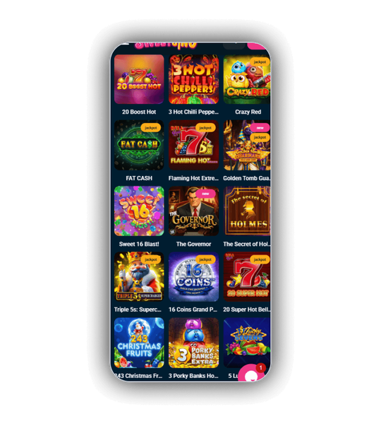 Λόμπι παιχνιδιών του Sweetsino με slots, τραπέζια ζωντανού καζίνο και επιτραπέζια παιχνίδια